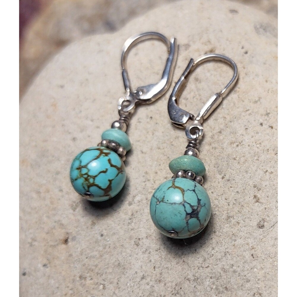 Vintage Sterling Silver 925 Turquoise Stone Beaded Dangle Earrings Southwestern